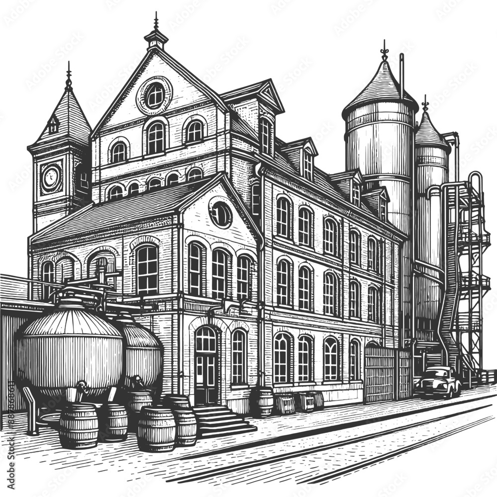 Fototapeta premium bustling vintage industrial beer factory with smokestacks, suggesting the energy of early industry sketch engraving generative ai vector illustration. Scratch board imitation. Black and white image.