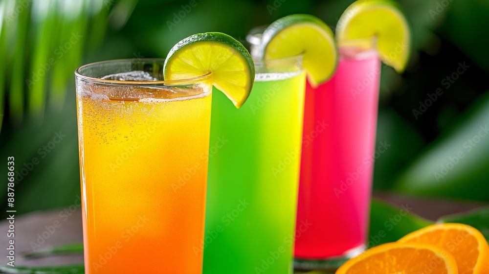 Three colorful drinks with lime slices on top. One is green, one is orange, and one is pink Three colorful drinks with lime slices on top. One is green, one is orange, and one is pink