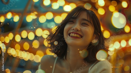 a big close-up shot of a beautiful Japanese girl with Clear facial details wearing a white spaghetti straps sweater is walking in a amusement park and laughing in the night, There are yellow light spo