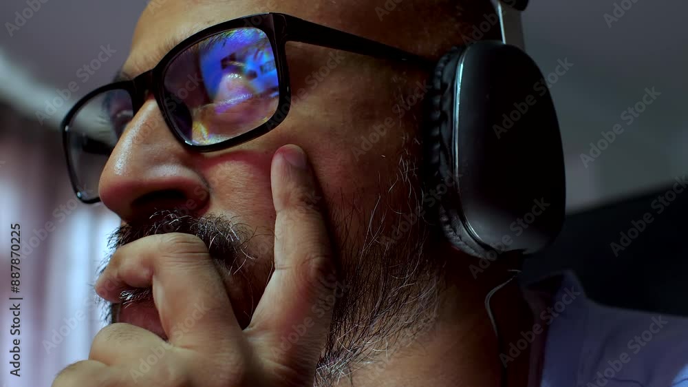 A close-up side profile view of a person with a beard wearing black over-ear headphones, with partial eyeglasses visible, creating a focused and immersive atmosphere. A close-up side profile view of a person with a beard wearing black over-ear headphones, with partial eyeglasses visible, creating a focused and immersive atmosphere.