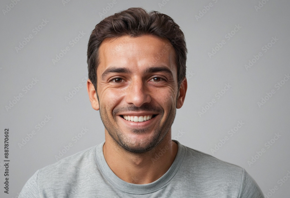 Fototapeta premium Portrait view of a regular happy smiling Portugal man, ultra realistic, candid, social media, avatar image, plain solid background