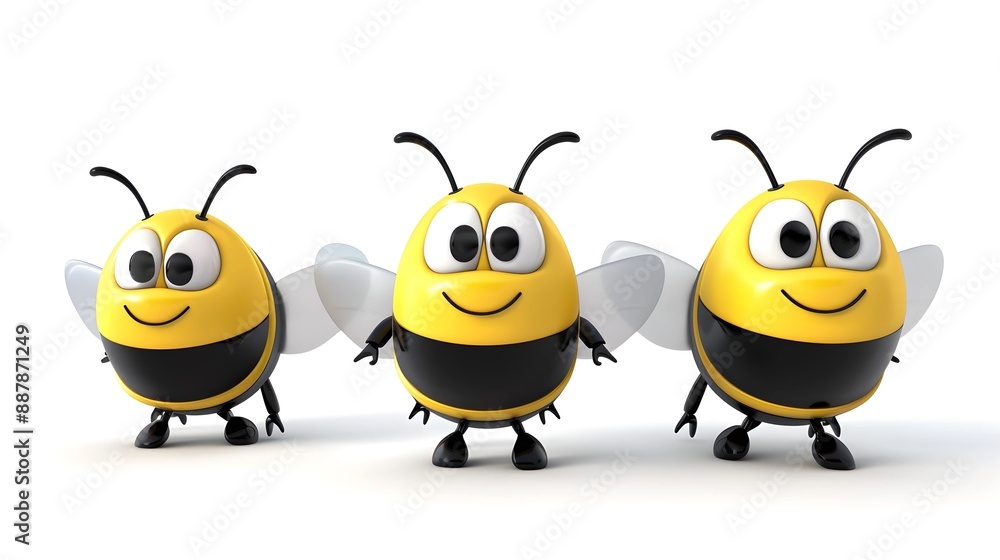 Set of 3D cute happy cartoon bee, isolated on white background Set of 3D cute happy cartoon bee, isolated on white background