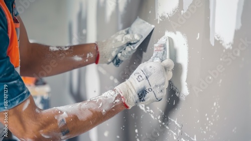 A close up of a worker meticulously sanding a repaired section of drywall until it's smooth and ready for painting, photo