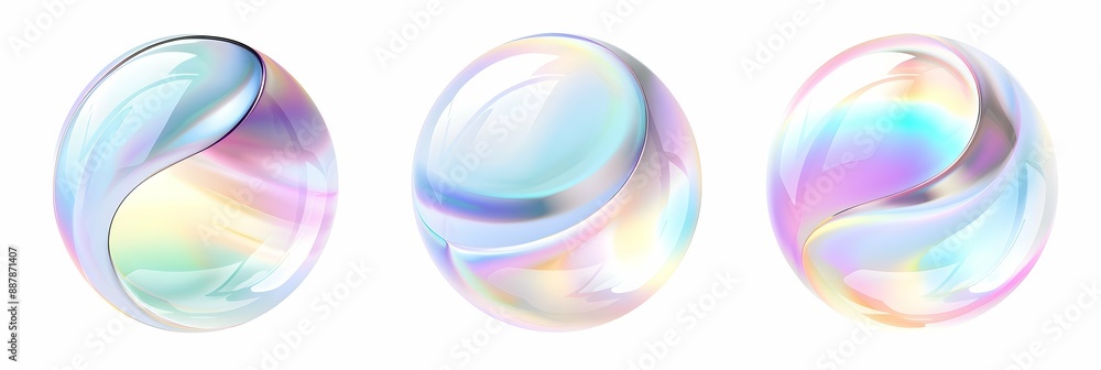 Set of 3d circle shape iridescent holographic bubble with gradient color pastel elements design, isolated on white background Set of 3d circle shape iridescent holographic bubble with gradient color pastel elements design, isolated on white background