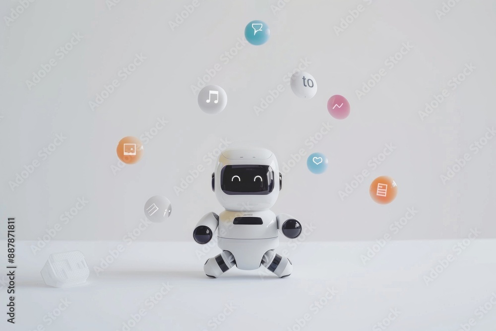 Smiling white robot juggling colorful icons representing social media, music, and interactions, futuristic technology concept Smiling white robot juggling colorful icons representing social media, music, and interactions, futuristic technology concept
