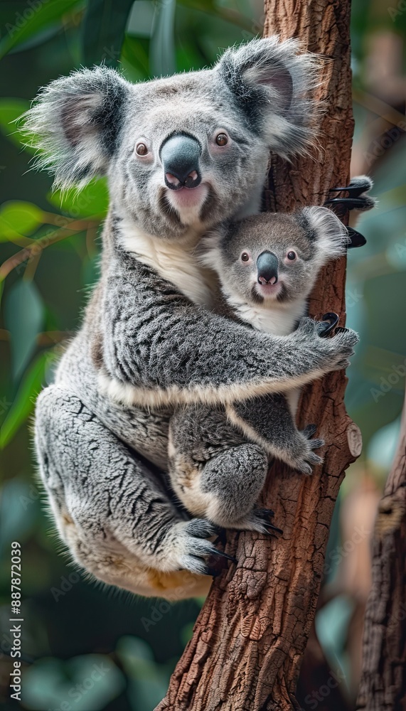 Obraz premium Mother Koala and baby smiling at the camera, green background, on eucalyptus tree,