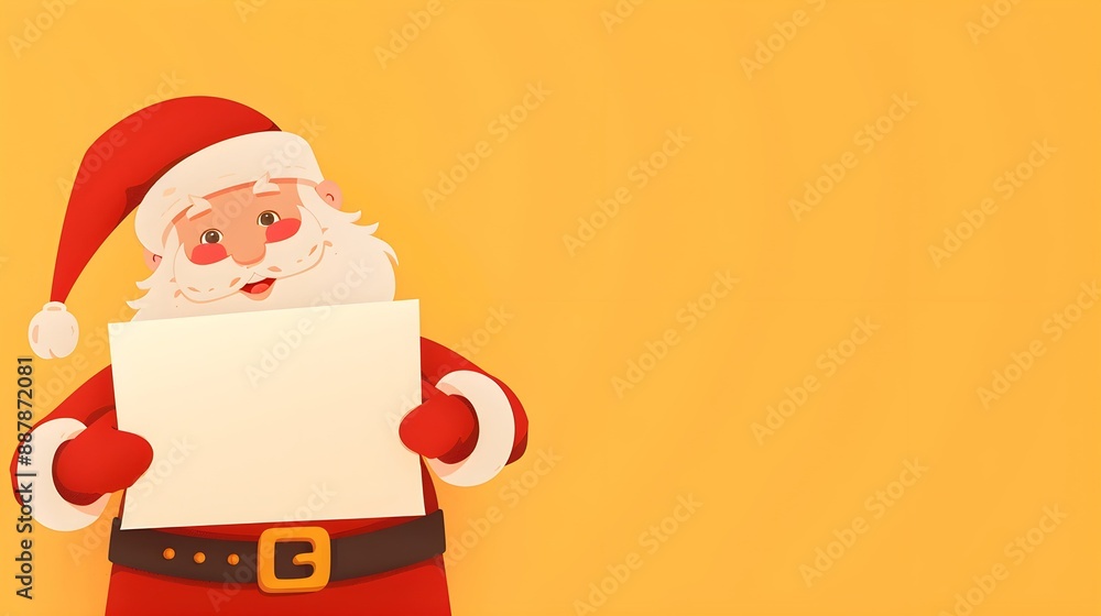 Santa Claus holding empty paper or wish list on yellow background. Merry Christmas and Happy New Year. Cute cartoon illustration. Template for banner, poster, greeting card or letter with copy space Santa Claus holding empty paper or wish list on yellow background. Merry Christmas and Happy New Year. Cute cartoon illustration. Template for banner, poster, greeting card or letter with copy space