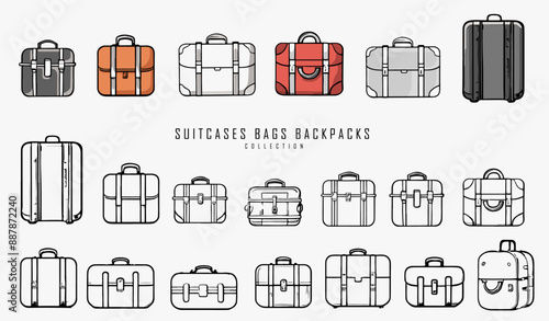 Suitcases, bags and beautycases silhouette symbols. Black, pink and white icon set, logo idea. Accessories and travel equipment concept.	 photo