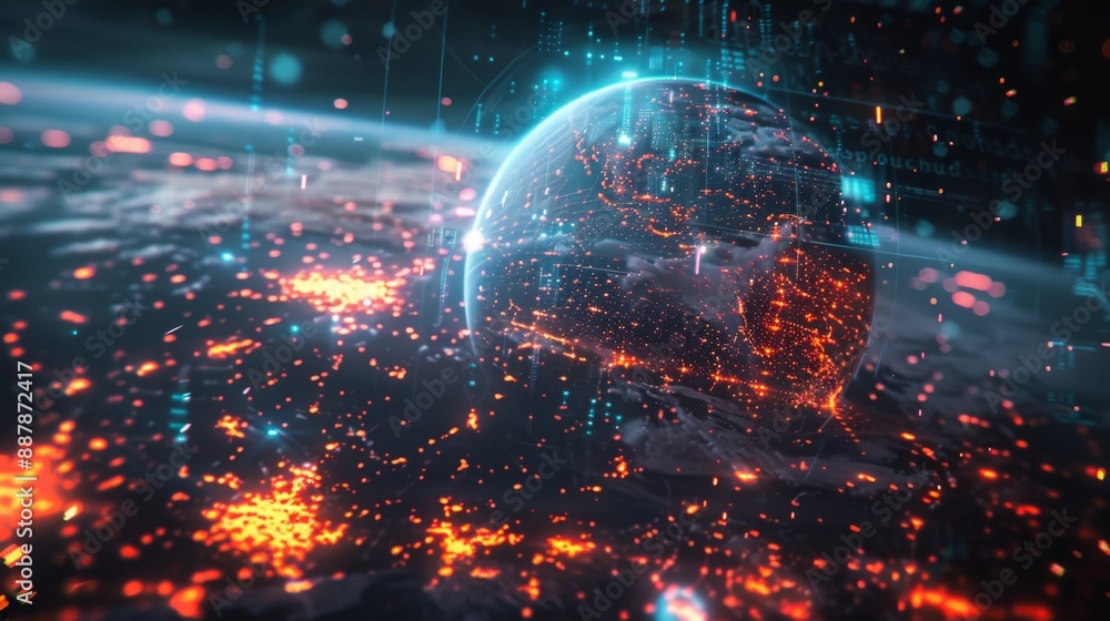 Naklejka premium Cybernetic Planet Earth Surrounded by Neon Lights
