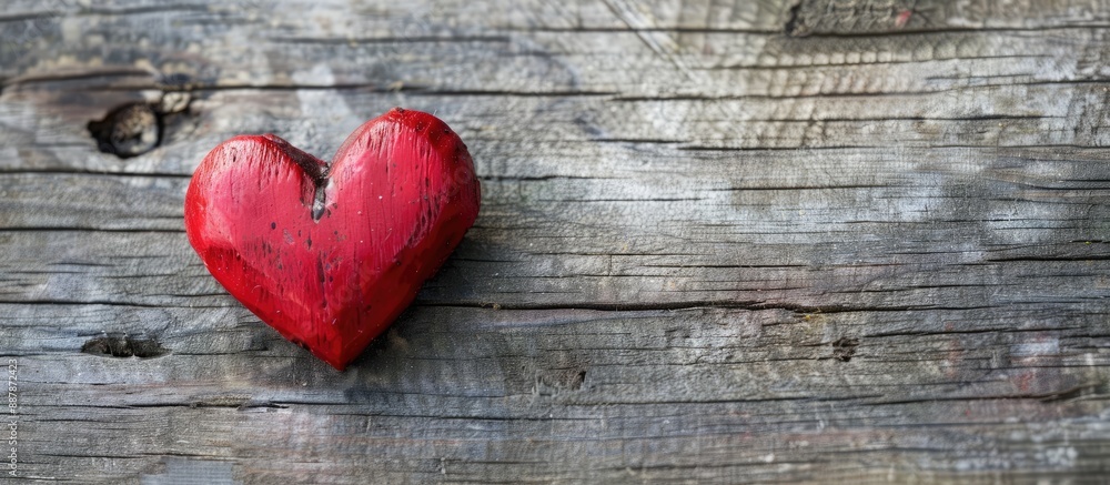 Celebrate love on Valentine s Day with a close up shot of a red heart on a wooden background offering ample copy space image Celebrate love on Valentine s Day with a close up shot of a red heart on a wooden background offering ample copy space image