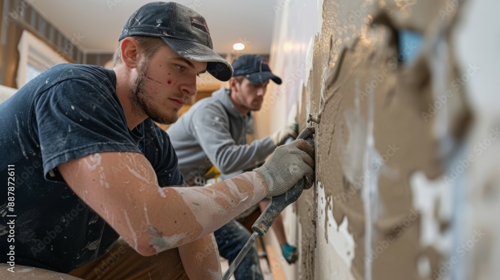A team of professionals using a specialized tool to locate hidden water damage behind drywall without causing further damage, A team of professionals using a specialized tool to locate hidden water damage behind drywall without causing further damage,