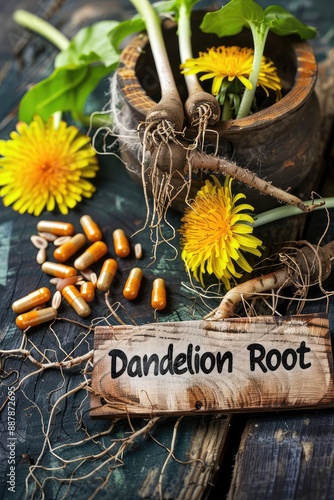 Dandelion root and supplement capsules. Selective focus. photo