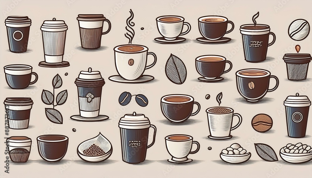 Clean, minimalist designs featuring simple line art or geometric shapes of coffee cups, beans, and accessories Clean, minimalist designs featuring simple line art or geometric shapes of coffee cups, beans, and accessories