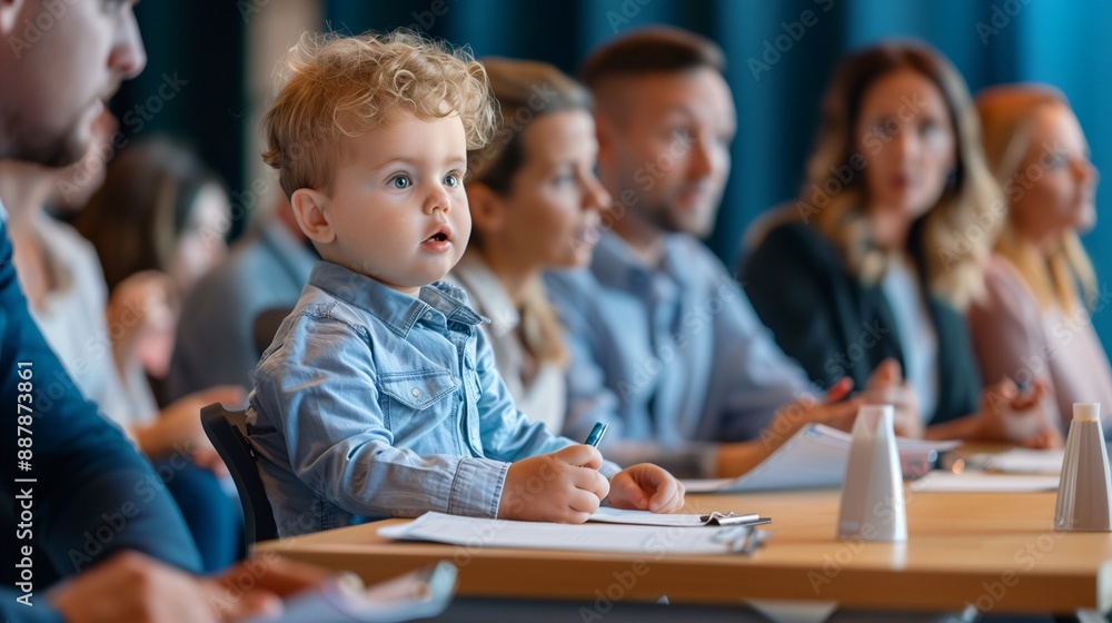 A child motivational speaker at a seminar adults in business casual attire taking notes A child motivational speaker at a seminar adults in business casual attire taking notes