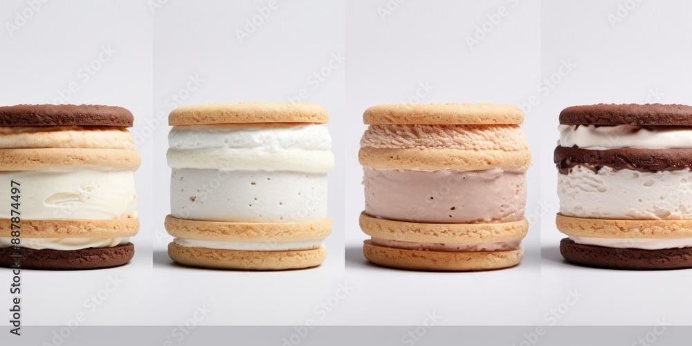 Close-up of Assorted Ice Cream Sandwiches with Different Cookies and Cream Fillings, isolated on white, food photography, dessert, concept Close-up of Assorted Ice Cream Sandwiches with Different Cookies and Cream Fillings, isolated on white, food photography, dessert, concept
