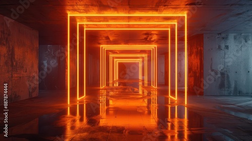 3D illustration of an orange neon light frames in a dark concrete room