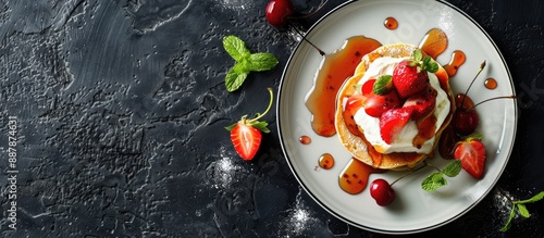 Plate with pancakes topped ...