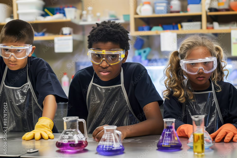 African american students wearing safety goggles and aprons conduct a science experiment in a classroom, working with beakers filled with colorful liquids