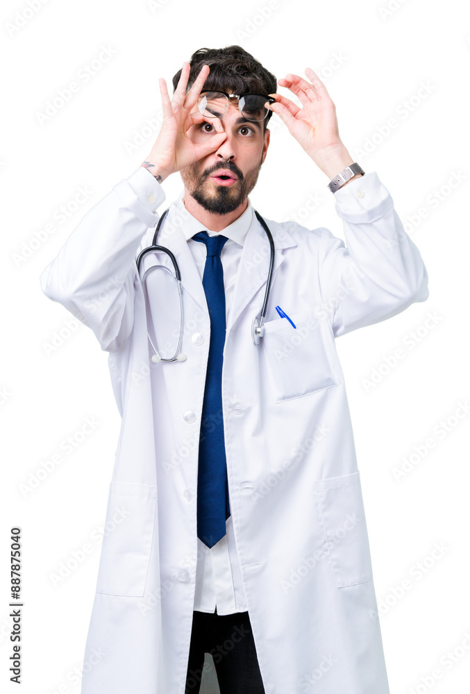 Young doctor man wearing hospital coat over isolated background doing ok gesture shocked with surprised face, eye looking through fingers. Unbelieving expression. Young doctor man wearing hospital coat over isolated background doing ok gesture shocked with surprised face, eye looking through fingers. Unbelieving expression.