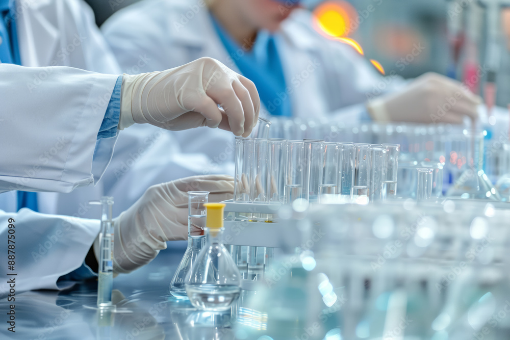 Close-up of scientists in lab coats performing an experiment using test tubes and beakers in a laboratory setting. Shallow depth of field Close-up of scientists in lab coats performing an experiment using test tubes and beakers in a laboratory setting. Shallow depth of field