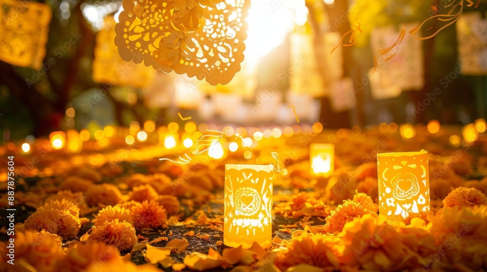Papel picado banners and candles a marigold-filled golden 5 de Mayo wallpaper Papel picado banners and candles a marigold-filled golden 5 de Mayo wallpaper
