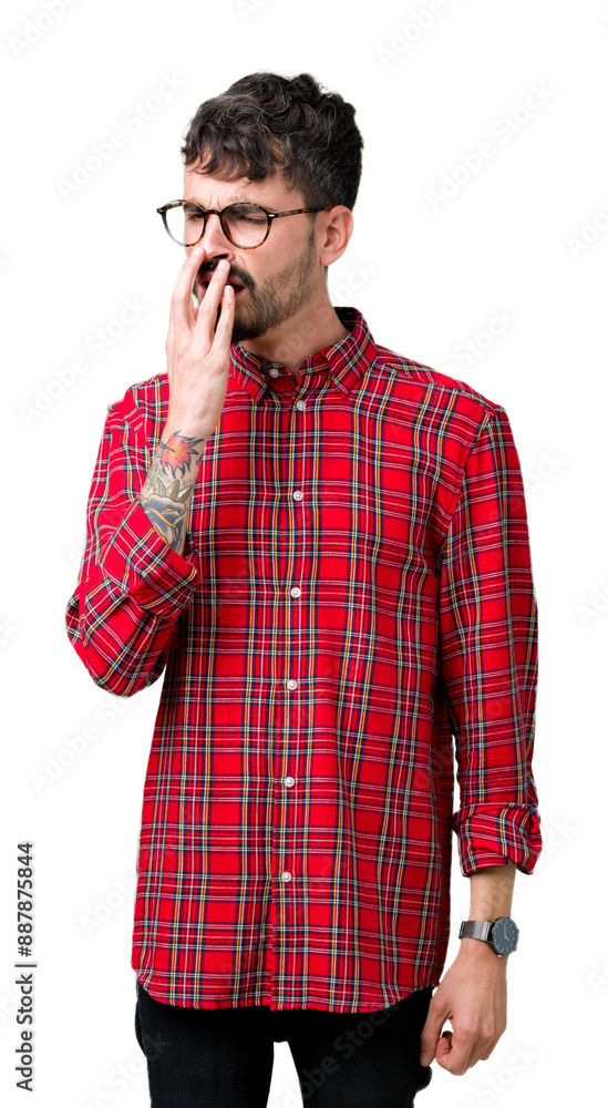Φωτογραφία Young handsome man wearing glasses over isolated background bored yawning tired covering mouth with hand