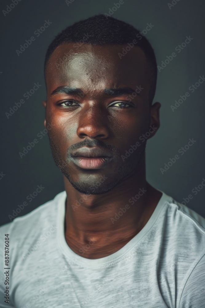 hyper realistic photograph of a handsome african american man in a t-shirt looking directly at the camera. hyper realistic photograph of a handsome african american man in a t-shirt looking directly at the camera.