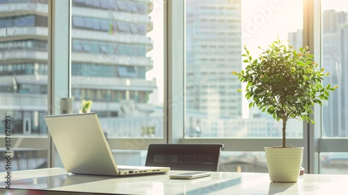 Modern Office Desk with Contemporary Workspace Planning, Notebook, and Other Equipment