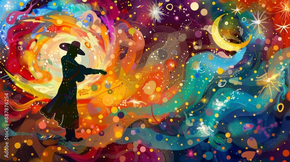 Fireworks and confetti mariachi band silhouette against swirling stars 5 de Mayo wallpaper Fireworks and confetti mariachi band silhouette against swirling stars 5 de Mayo wallpaper
