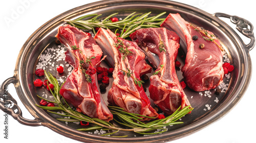 Raw lamb chops arranged on a silver platter with sprigs of rosemary, sea salt, and assorted spices including peppercorns and red berries.