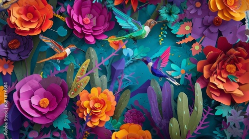 Wallpaper Mural Cactus blooms and papel picado vibrant hummingbirds with 'Feliz 5 de Mayo' colors Torontodigital.ca