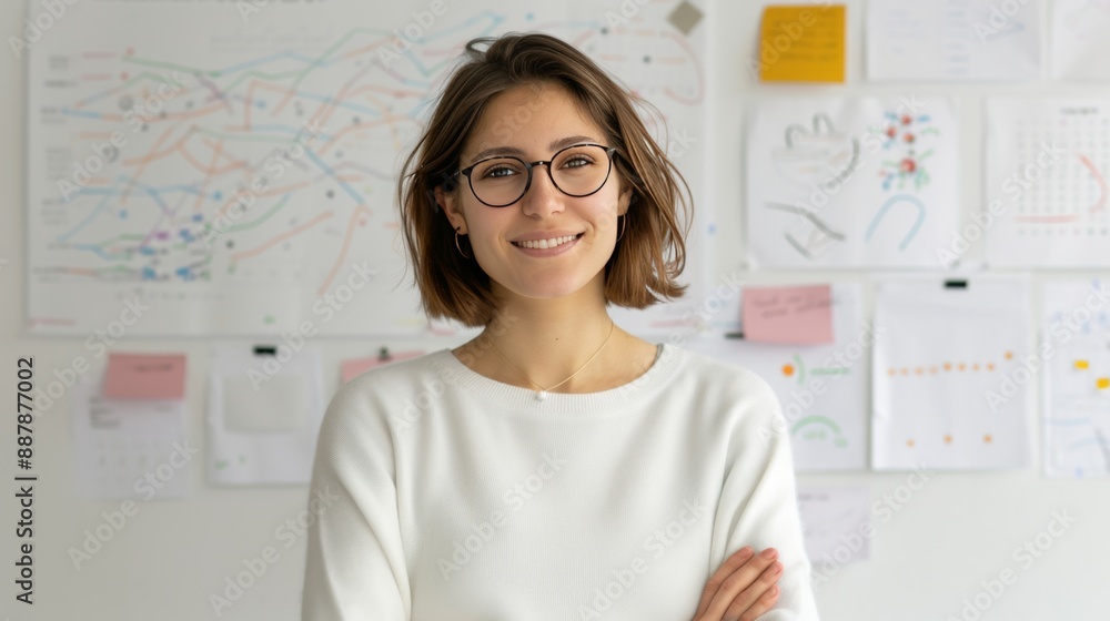 Photo of smiling young European woman, scholar, scientist in office, with cheerful smile, standing in front of data and science icons analysis board with analytical information written on it, Photo of smiling young European woman, scholar, scientist in office, with cheerful smile, standing in front of data and science icons analysis board with analytical information written on it,