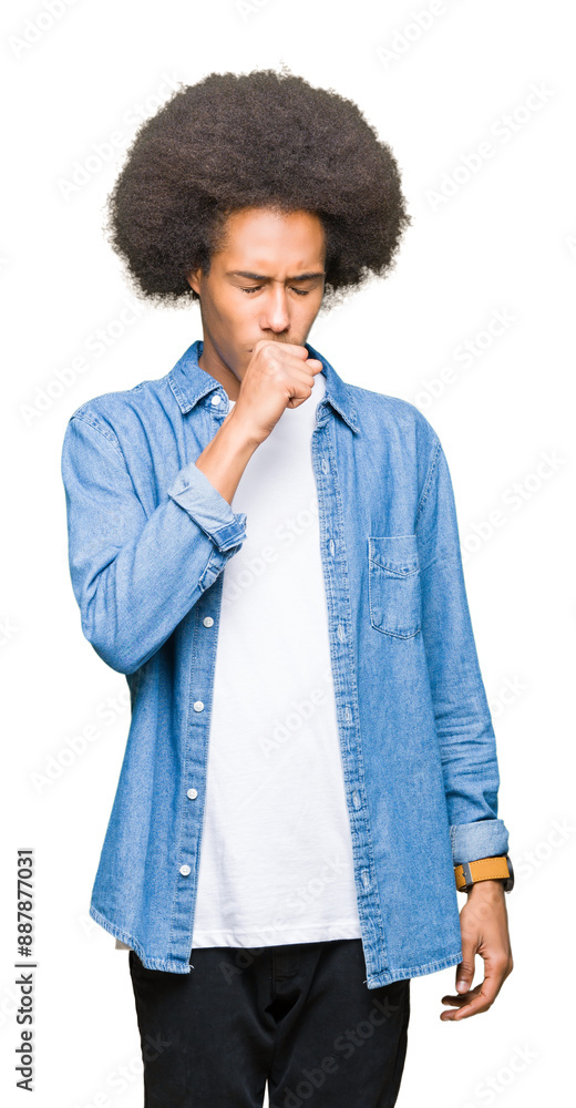 Young african american man with afro hair feeling unwell and coughing as symptom for cold or bronchitis. Healthcare concept. Young african american man with afro hair feeling unwell and coughing as symptom for cold or bronchitis. Healthcare concept.