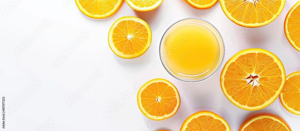 Orange slices and a glass of juice on a white background with copy space image Orange slices and a glass of juice on a white background with copy space image