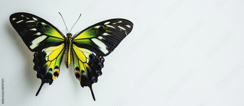 Φωτογραφία Butterfly in black yellow and green colors against a white backdrop with blank space for images