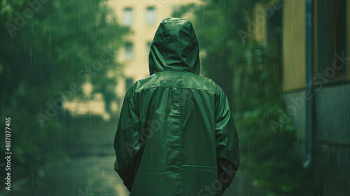 Person in green raincoat standing outdoors in the rain with hood up, blurred background with buildings. © Natalia