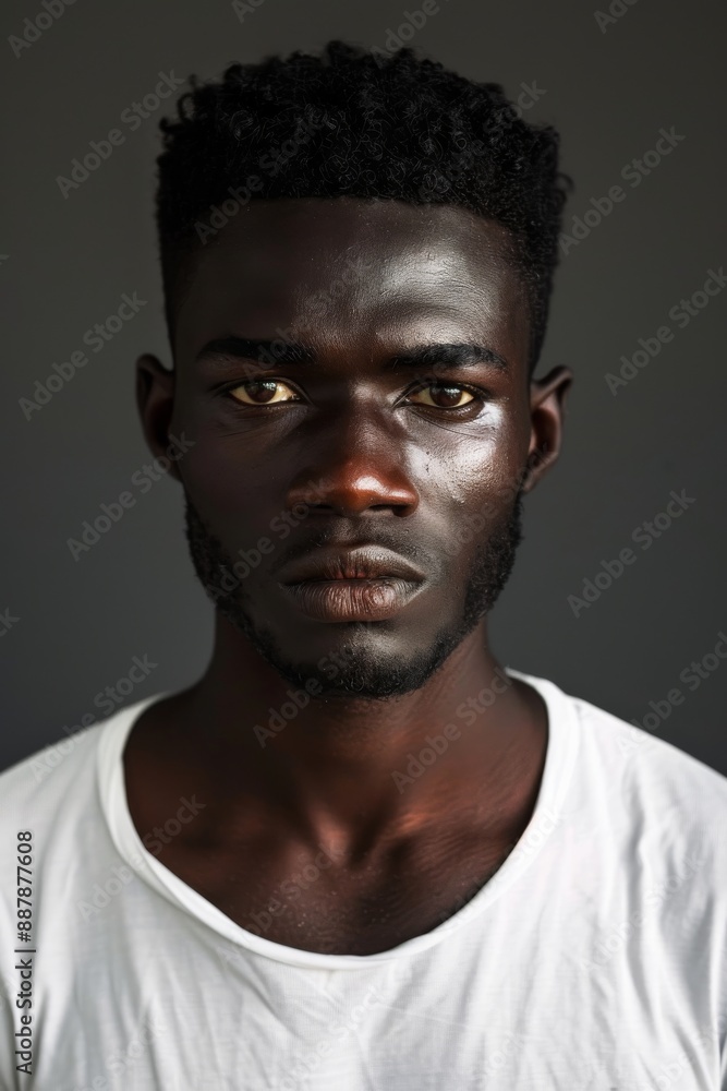 hyper realistic photograph of a handsome african american man in a white t-shirt looking directly at the camera. hyper realistic photograph of a handsome african american man in a white t-shirt looking directly at the camera.
