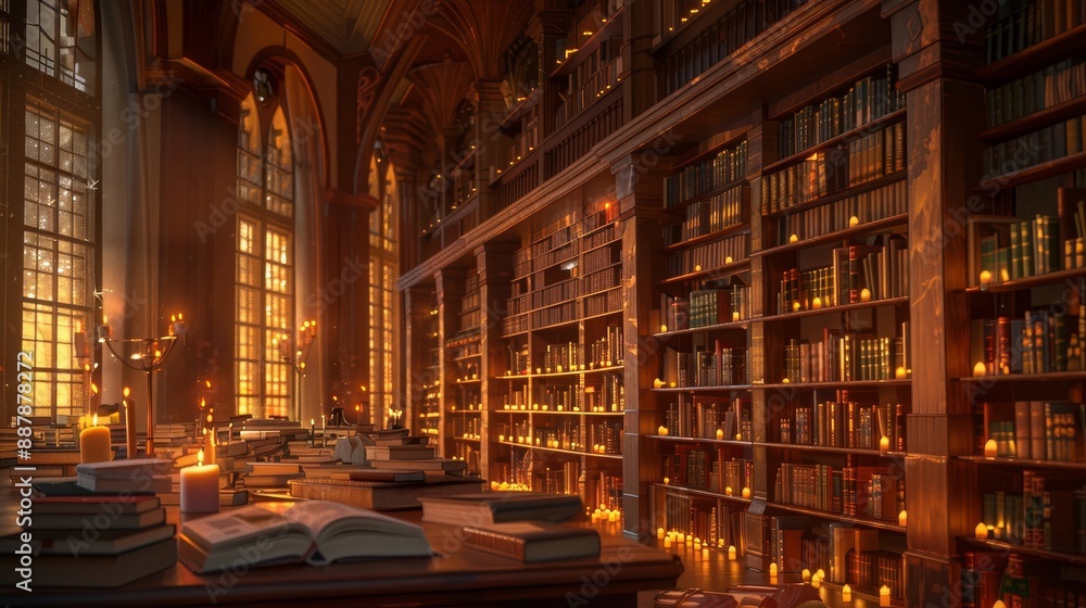 Library with soft candlelight rows of books and reading nooks as wallpaper Library with soft candlelight rows of books and reading nooks as wallpaper