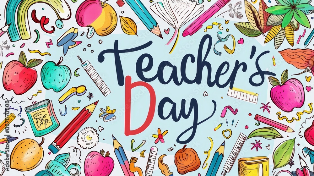 Playful icons and 'Teacher's Day' in vibrant letters Playful icons and 'Teacher's Day' in vibrant letters