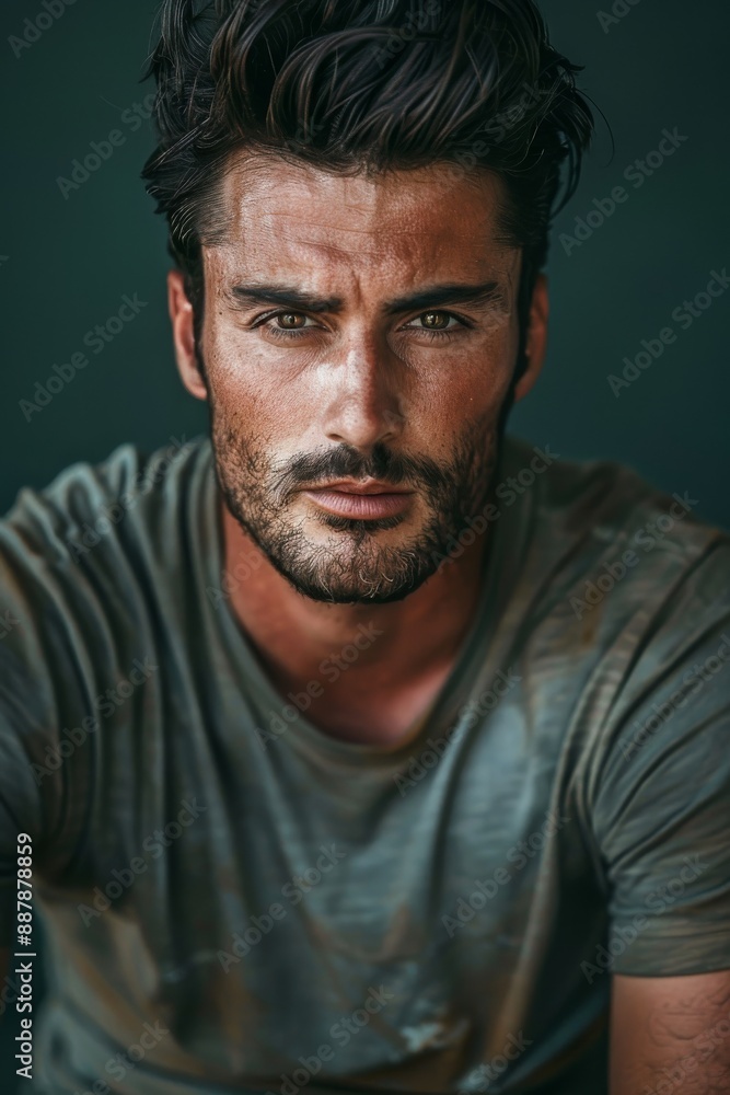 hyper realistic photograph of a handsome american man in a t-shirt looking directly at the camera. hyper realistic photograph of a handsome american man in a t-shirt looking directly at the camera.
