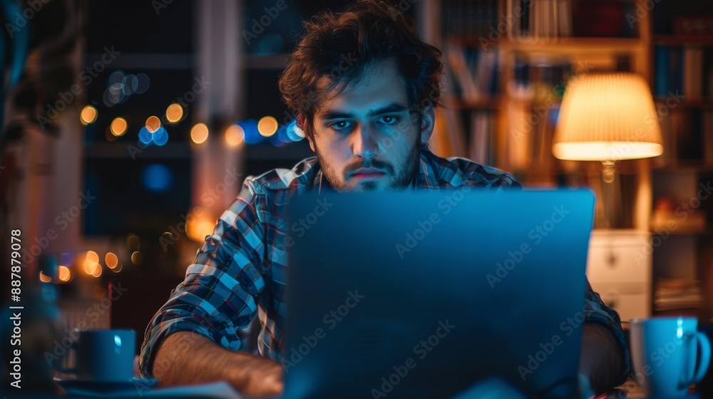 Fototapeta premium Man Working Late at Night on Laptop: night