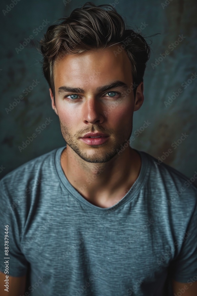 hyper realistic photograph of a handsome american man in a t-shirt looking directly at the camera. hyper realistic photograph of a handsome american man in a t-shirt looking directly at the camera.