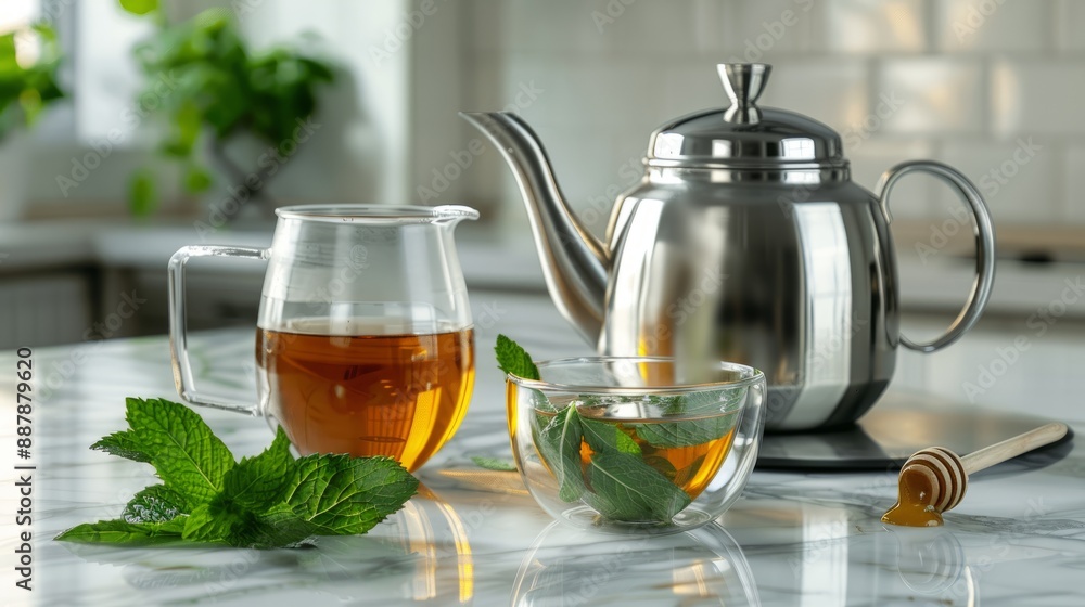 Fresh mint tea with honey in a glass teapot. Fresh mint tea with honey in a glass teapot.