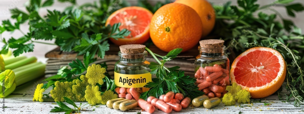 Apigenin in food products on the table. Selective focus. Apigenin in food products on the table. Selective focus.