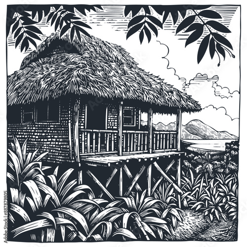 Thatched roof bungalow in palm thickets, vector illustration