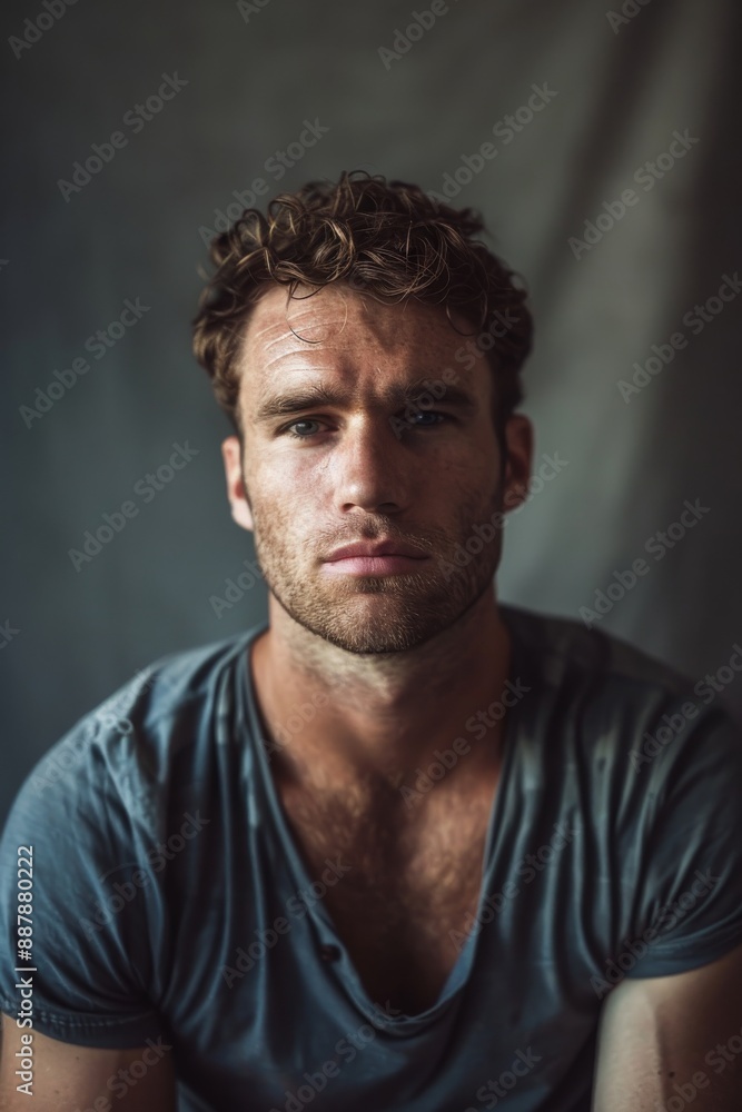 hyper realistic photograph of a handsome american man in a t-shirt looking directly at the camera. hyper realistic photograph of a handsome american man in a t-shirt looking directly at the camera.