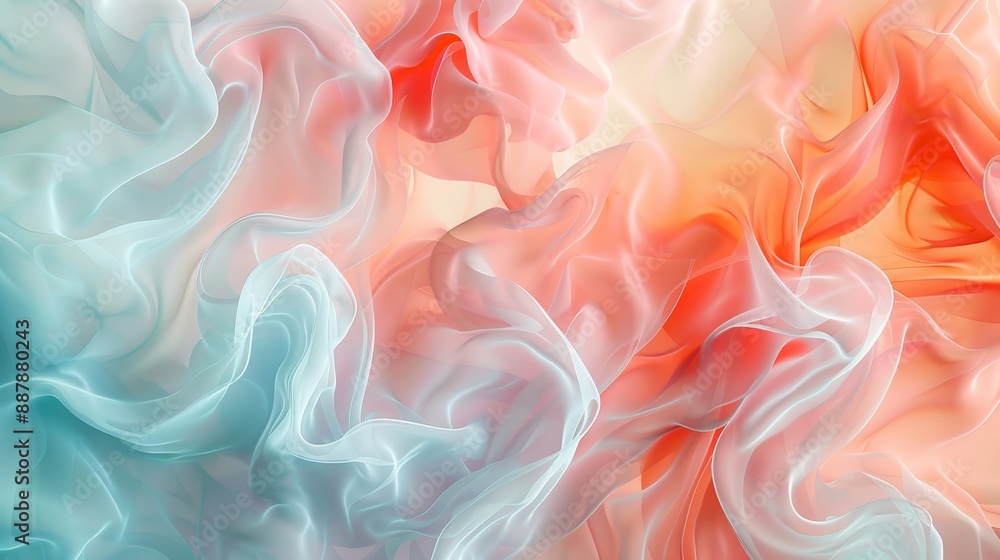Fototapeta premium Coral and sky blue abstract backdrop featuring flowing textures and ghostly flowers
