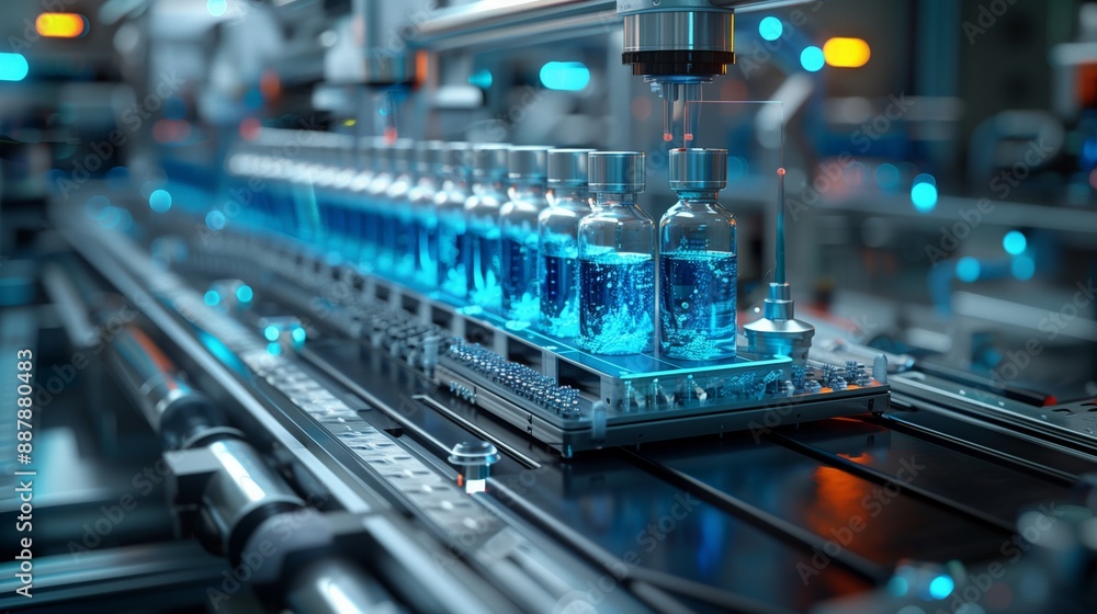 A close-up view of an automated filling and capping process for liquid products on a conveyor belt. A close-up view of an automated filling and capping process for liquid products on a conveyor belt.