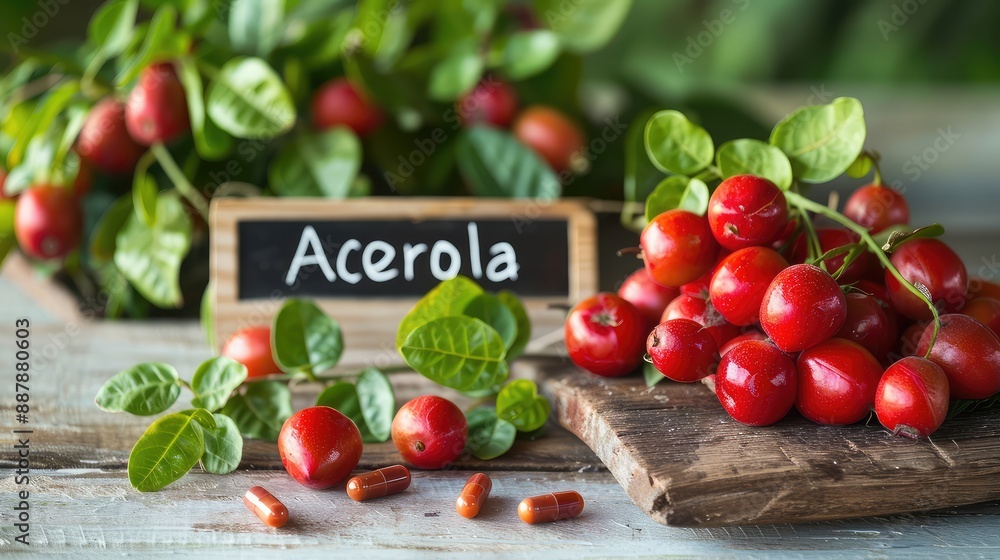 Acerola fruits and supplement capsules on the table. Selective focus. Acerola fruits and supplement capsules on the table. Selective focus.