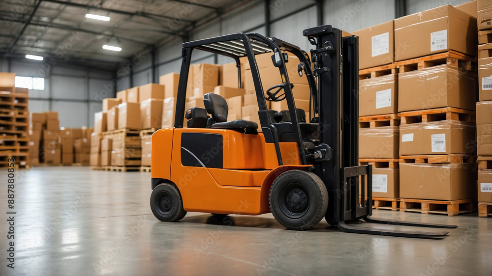 Bright Warehouse Interior with Orange Forklift and Stacks of Cardboard Boxes Bright Warehouse Interior with Orange Forklift and Stacks of Cardboard Boxes